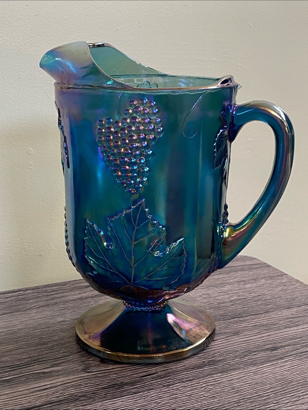 Iridescent Harvest Grape Carnival Glass Pitcher with Grape Motif
